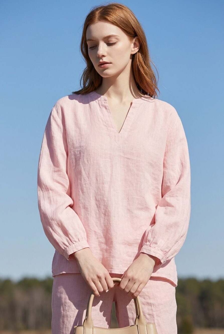 Old Navy Split-Neck Linen-Blend Long-Sleeve Blouse #829